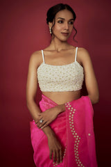 Neon Pink Silk Organza Scalloped Saree Set