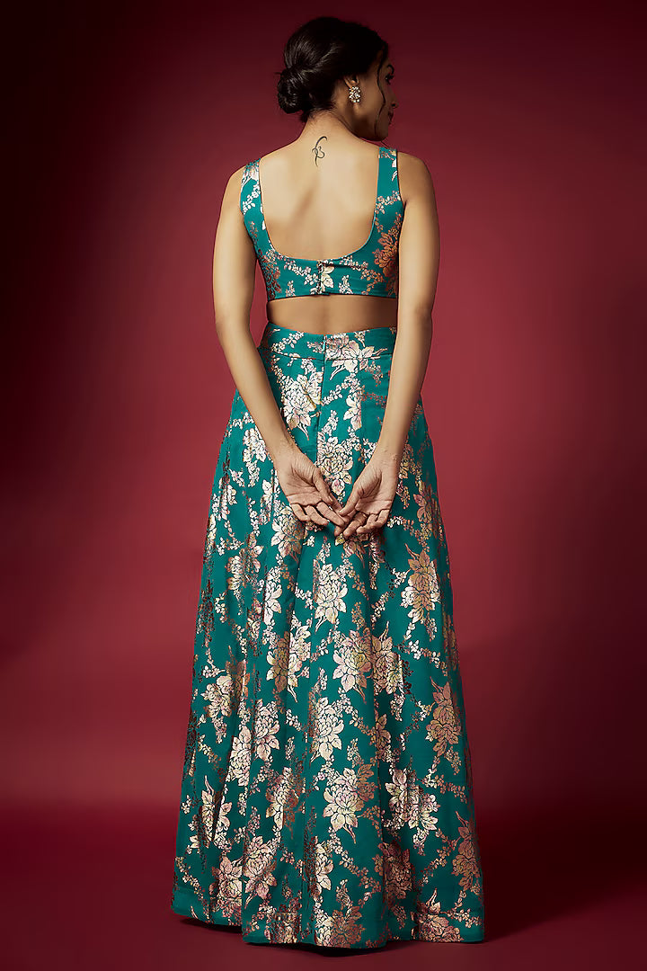 Teal Recycled Polyester Foil Printed Lehenga Set