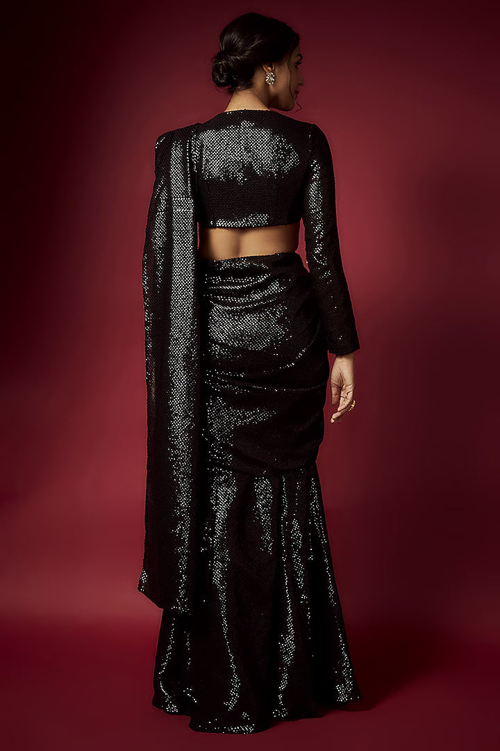 Black Recycled Polyester Sequins Pre-Draped Saree Set