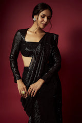 Black Recycled Polyester Sequins Pre-Draped Saree Set