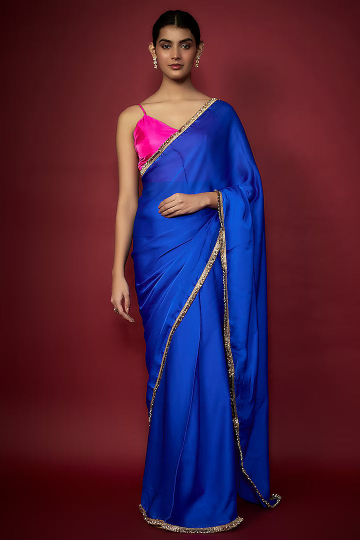 Electric Blue Satin Georgette Saree Set
