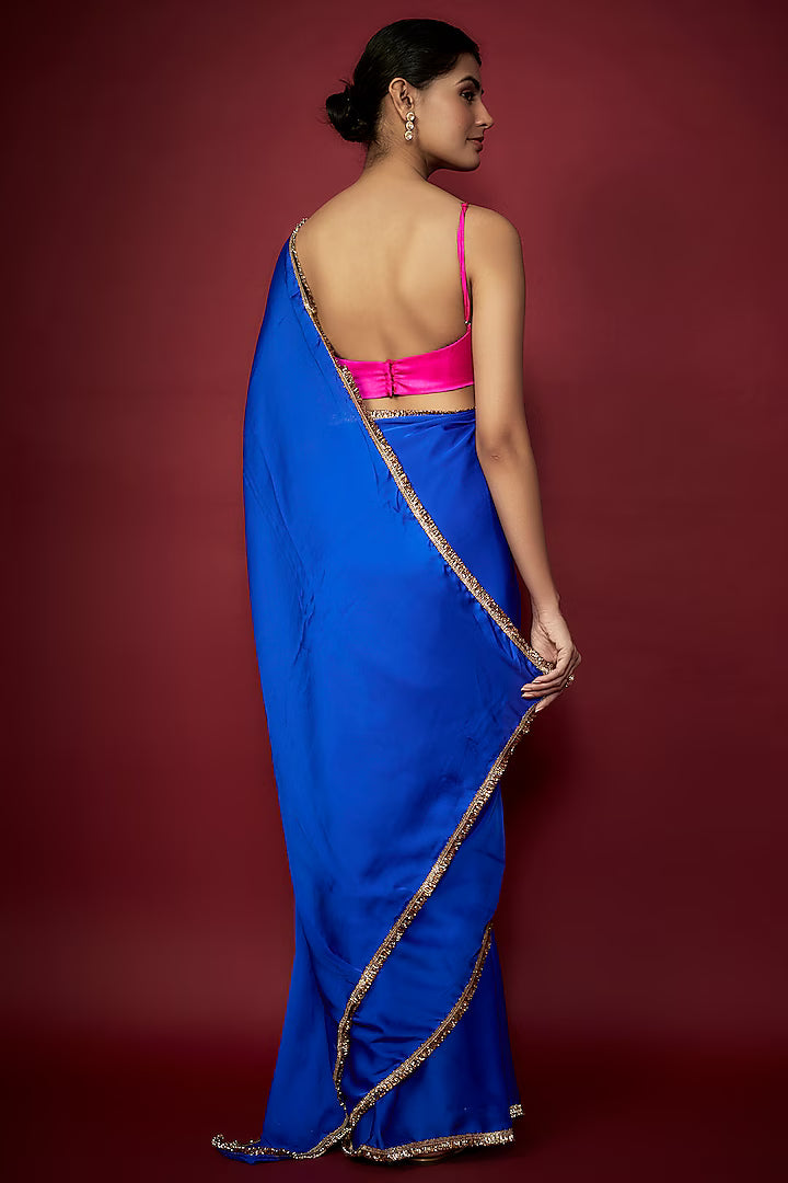 Electric Blue Satin Georgette Saree Set