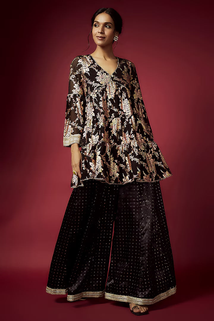 Black Recycled Polyester Foil Printed Kurta Set