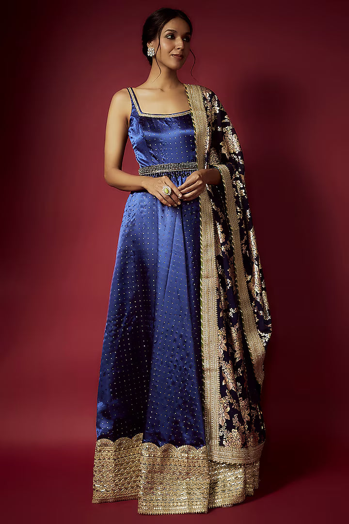 Navy Blue Recycled Polyester Sitara Foil Printed Gown With Dupatta