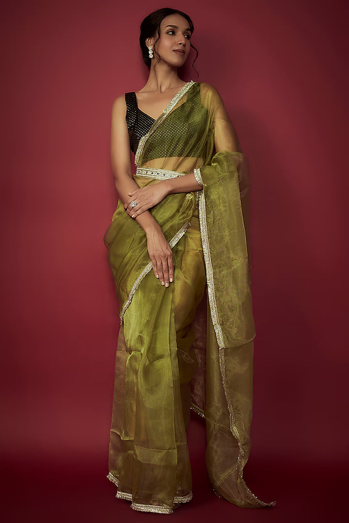 Olive Silk Organza Saree Set