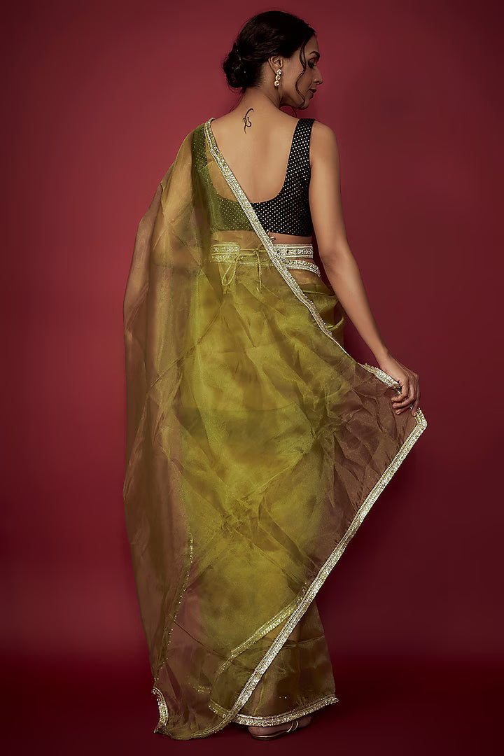 Olive Silk Organza Saree Set