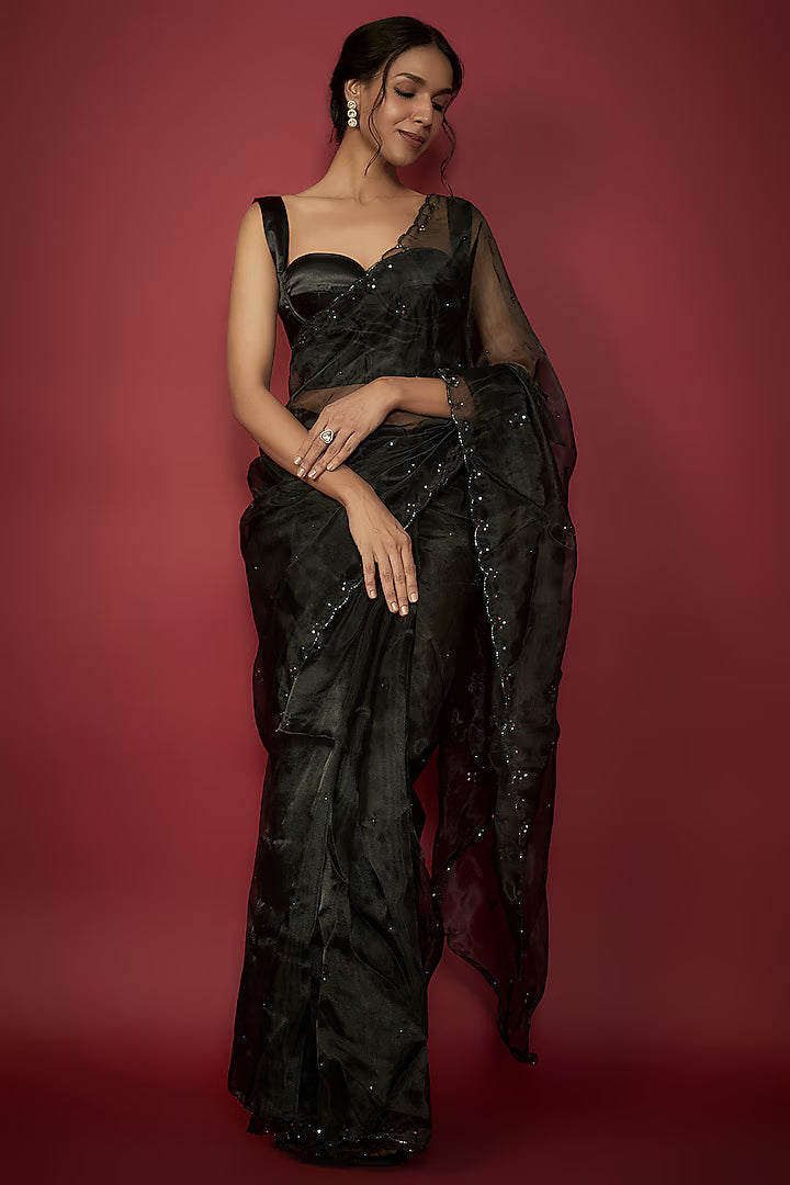 Black Silk Organza Sequins Hand Embroidered Saree Set