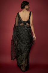 Black Silk Organza Sequins Hand Embroidered Saree Set