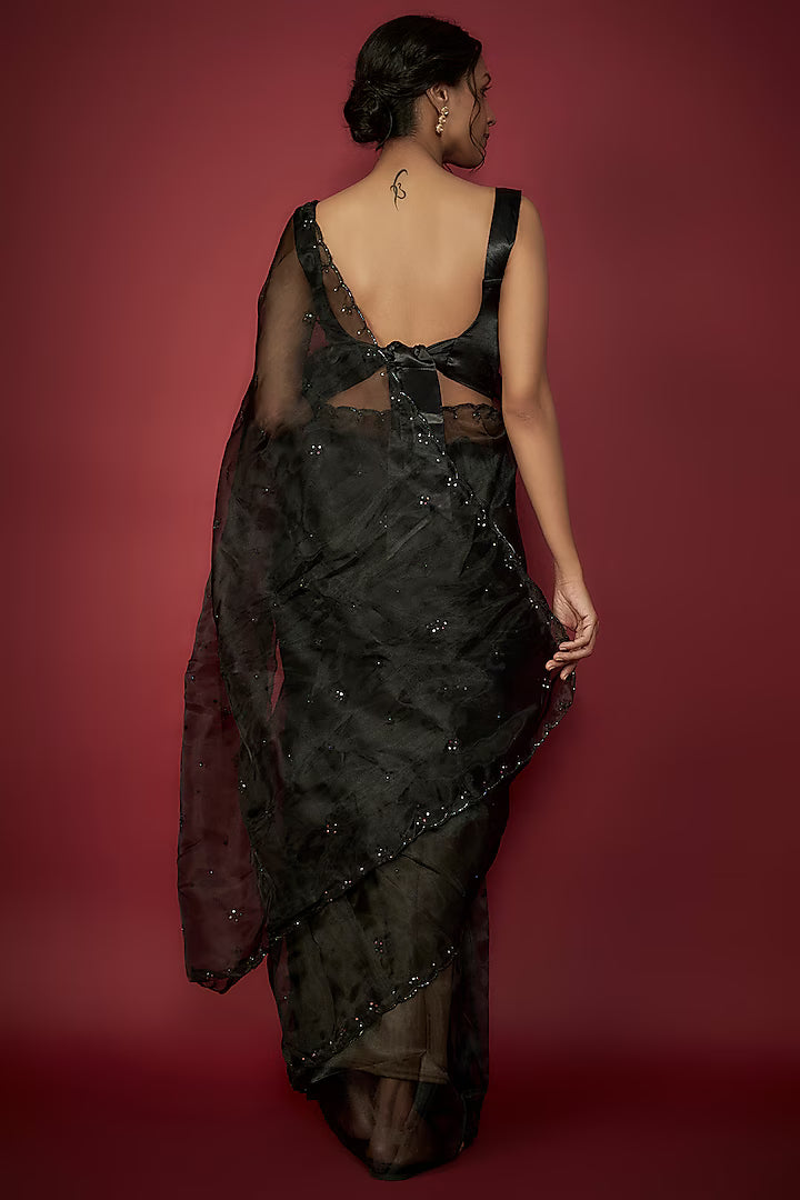 Black Silk Organza Sequins Hand Embroidered Saree Set