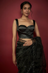 Black Silk Organza Sequins Hand Embroidered Saree Set