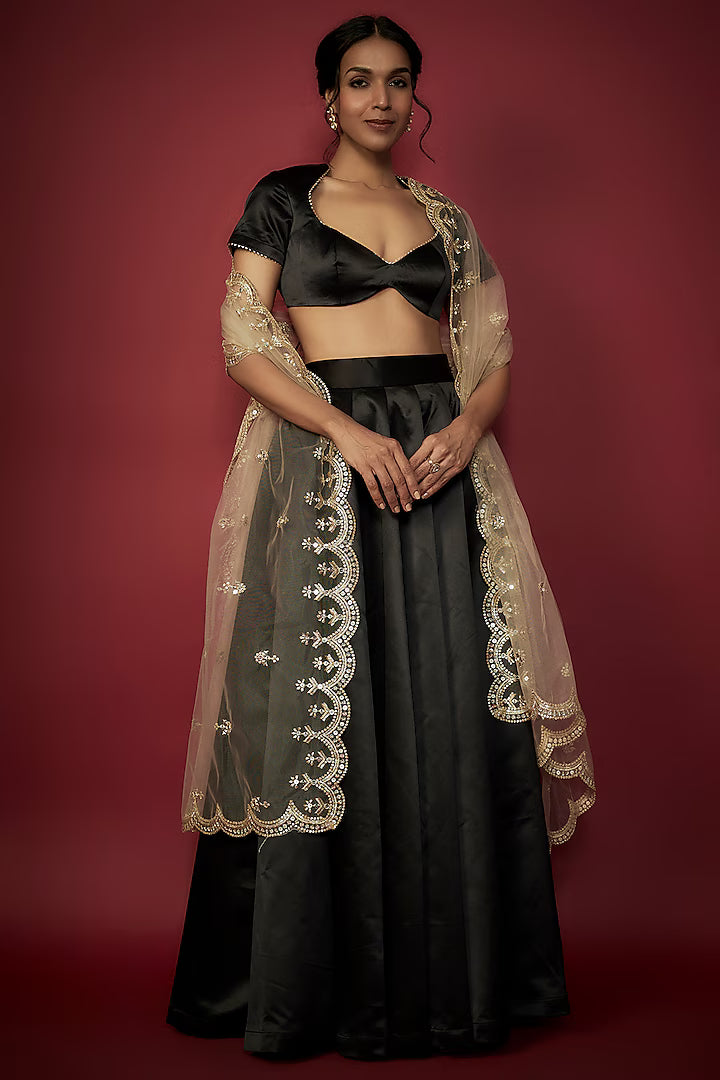 Black Satin Lehenga Set