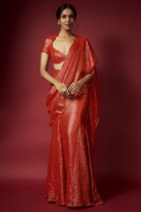 Orange Recycled Polyester Sequins Pre-Draped Saree Set