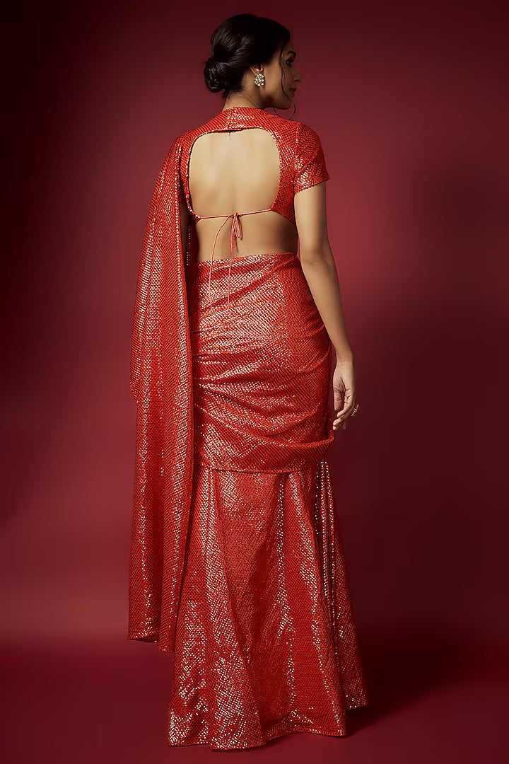 Orange Recycled Polyester Sequins Pre-Draped Saree Set