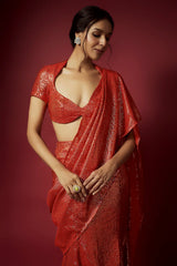 Orange Recycled Polyester Sequins Pre-Draped Saree Set