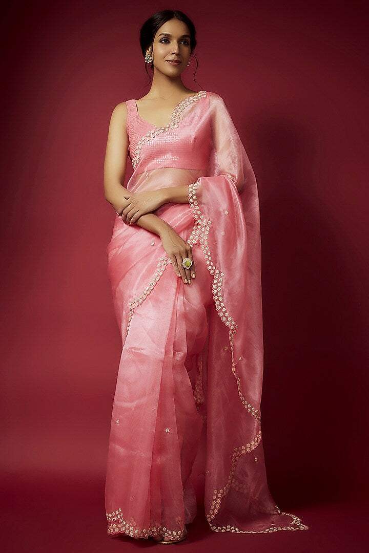 Coral Organza Zardosi Embroidered Saree Set