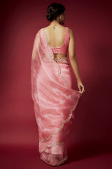 Coral Organza Zardosi Embroidered Saree Set