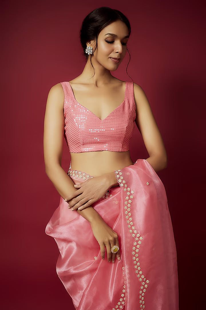 Coral Organza Zardosi Embroidered Saree Set