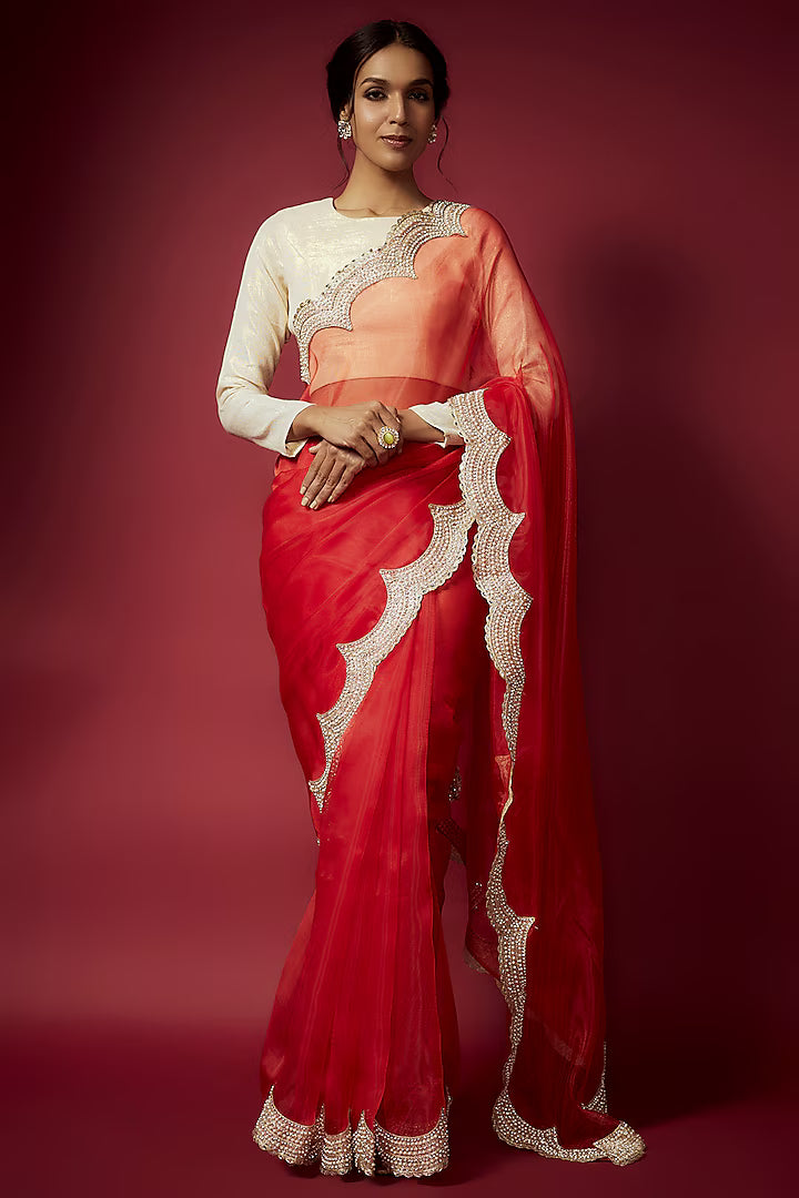 Red Organza Pearl Work Saree Set
