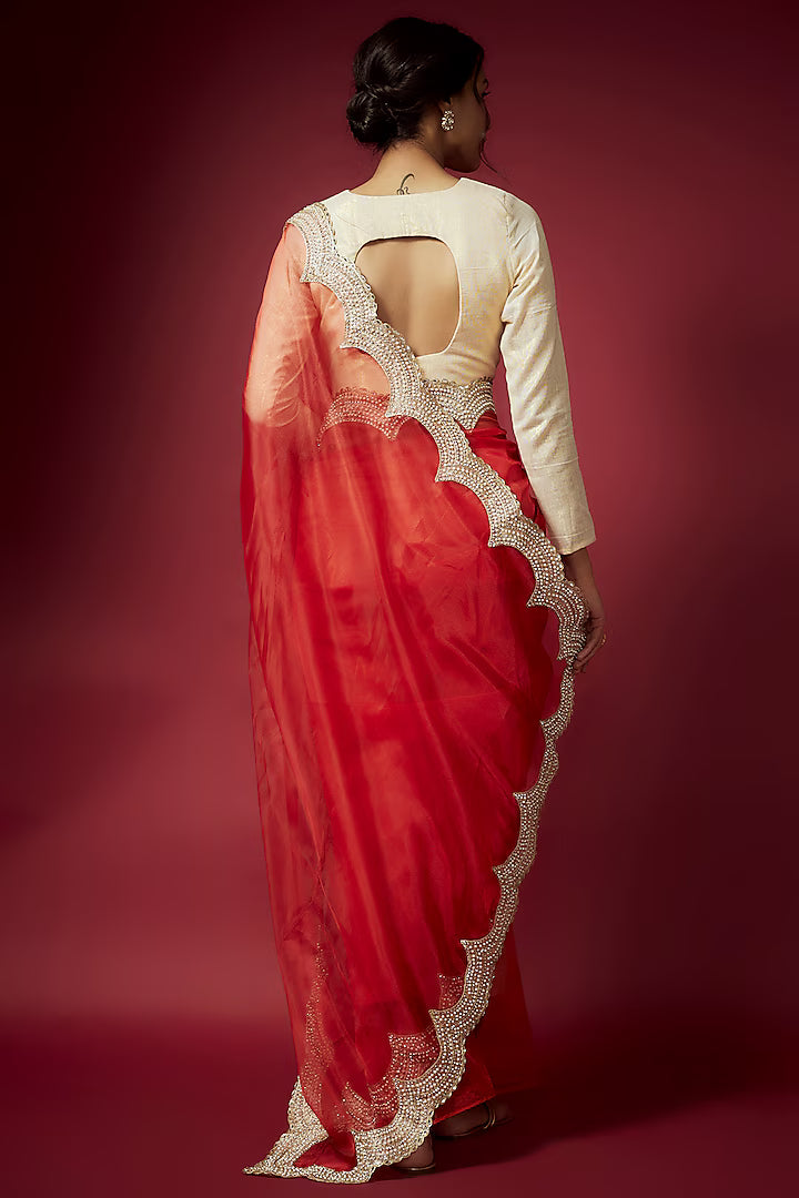 Red Organza Pearl Work Saree Set