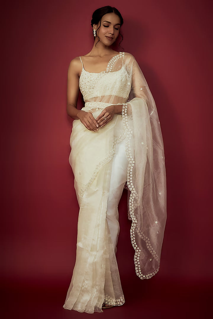 Off-White Silk Organza Zardosi Embroidered Scalloped Saree Set