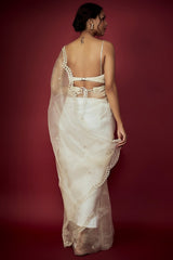 Off-White Silk Organza Zardosi Embroidered Scalloped Saree Set