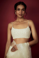 Off-White Silk Organza Zardosi Embroidered Scalloped Saree Set