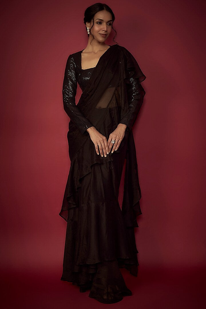 Black Satin Georgette Pre-Draped Ruffled Saree Set