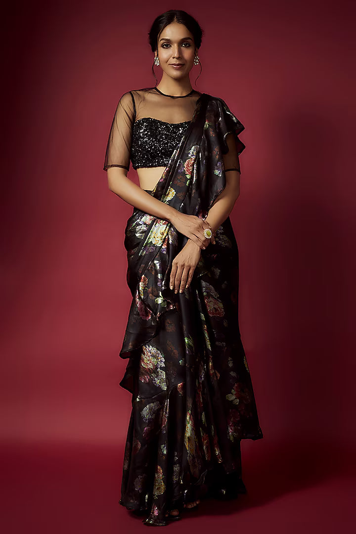 Black Recycled Satin Printed Pre-Draped Saree Set