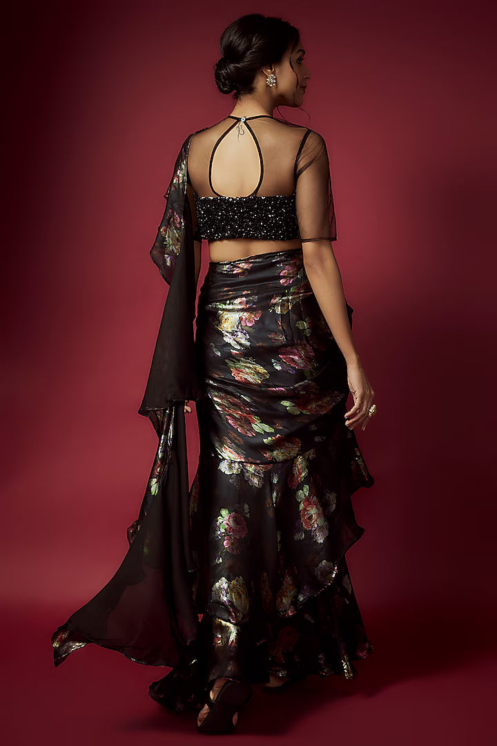 Black Recycled Satin Printed Pre-Draped Saree Set