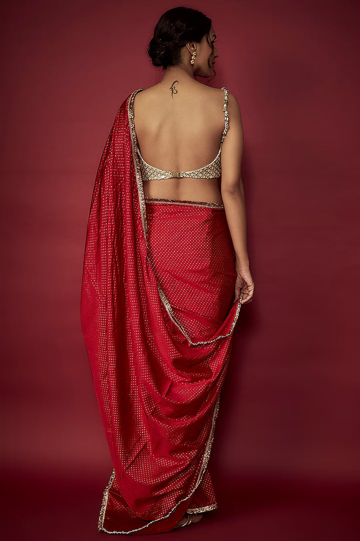 Red Recycled Polyester Fringe Saree Set