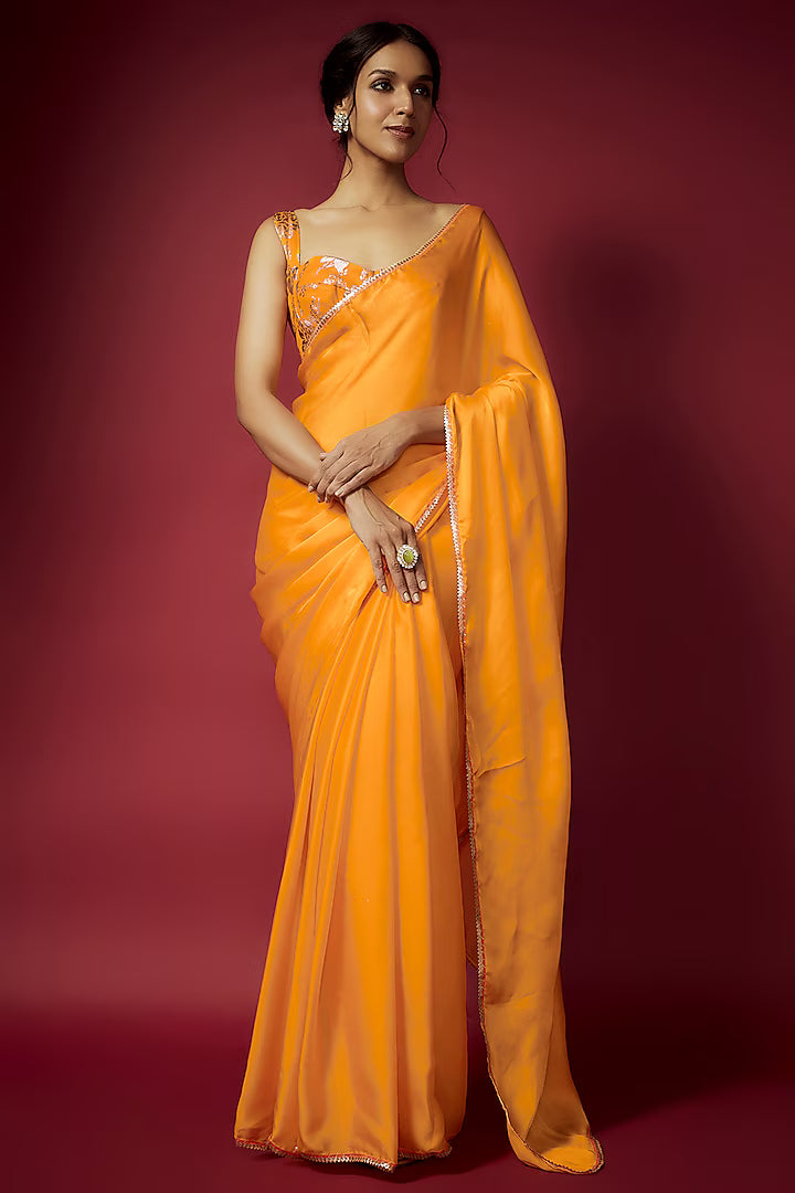 Mustard Yellow Satin Georgette Saree Set