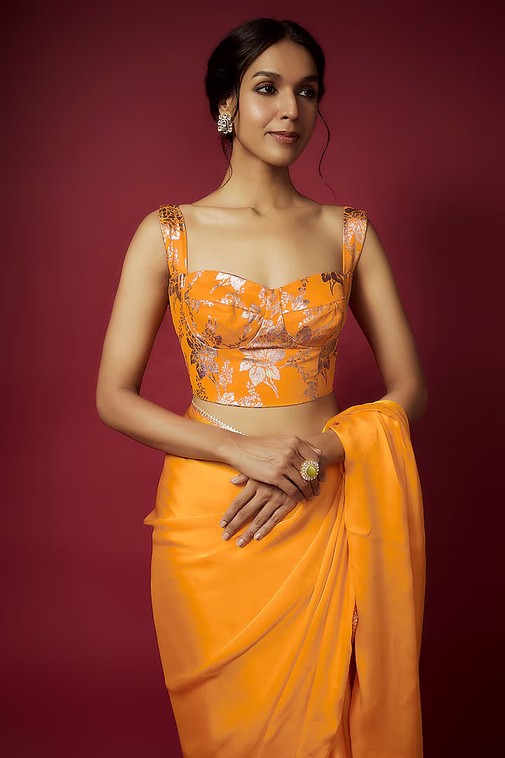 Mustard Yellow Satin Georgette Saree Set