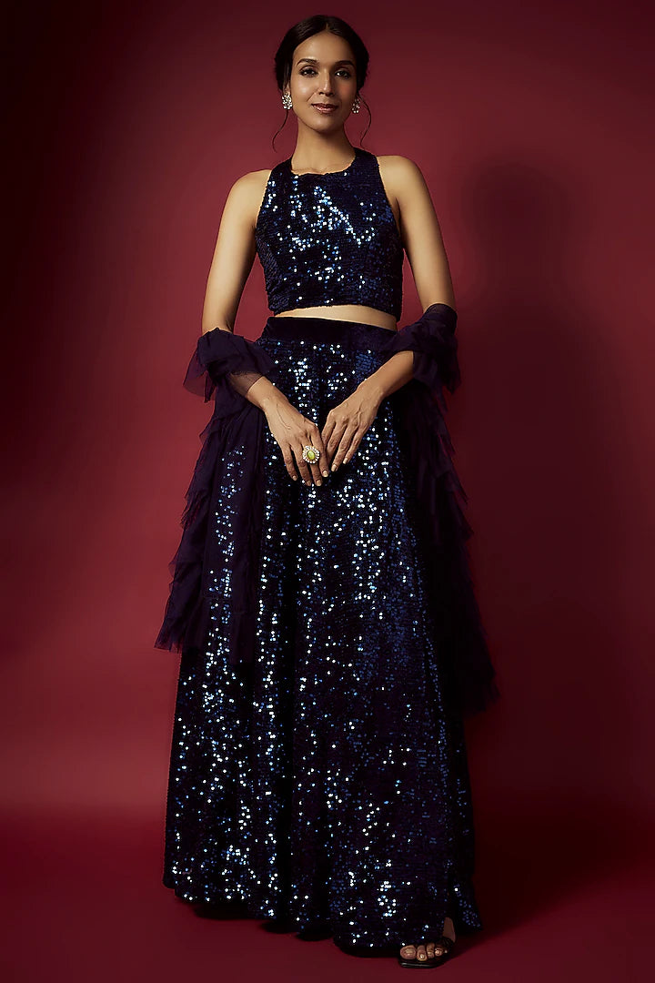 White Recycled Polyester & Velvet Lehenga Set