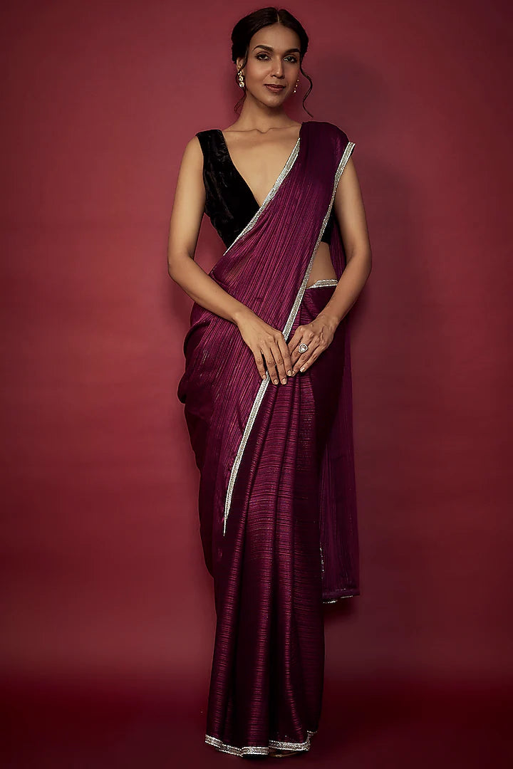 Purple Chiffon Zari Embroidered Saree Set