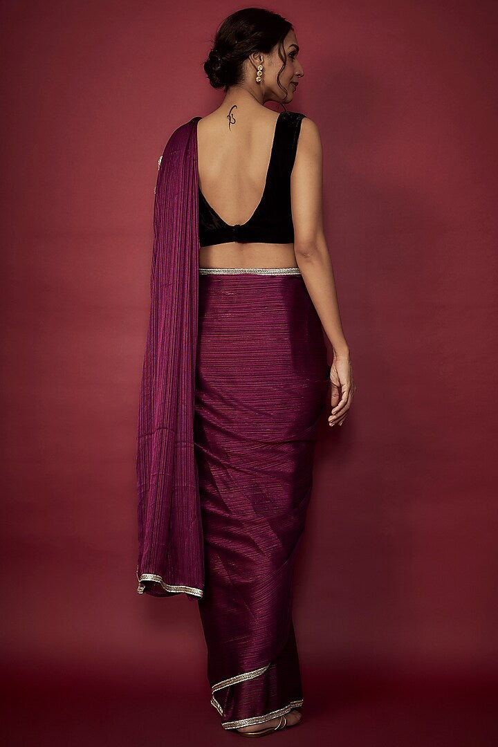 Purple Chiffon Zari Embroidered Saree Set
