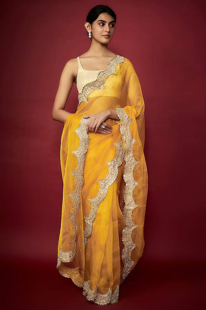 Mustard Organza Zari Embroidered Saree Set