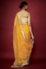 Mustard Organza Zari Embroidered Saree Set