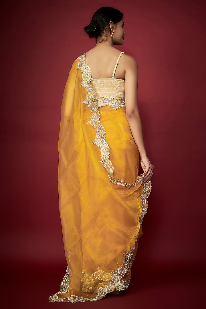 Mustard Organza Zari Embroidered Saree Set