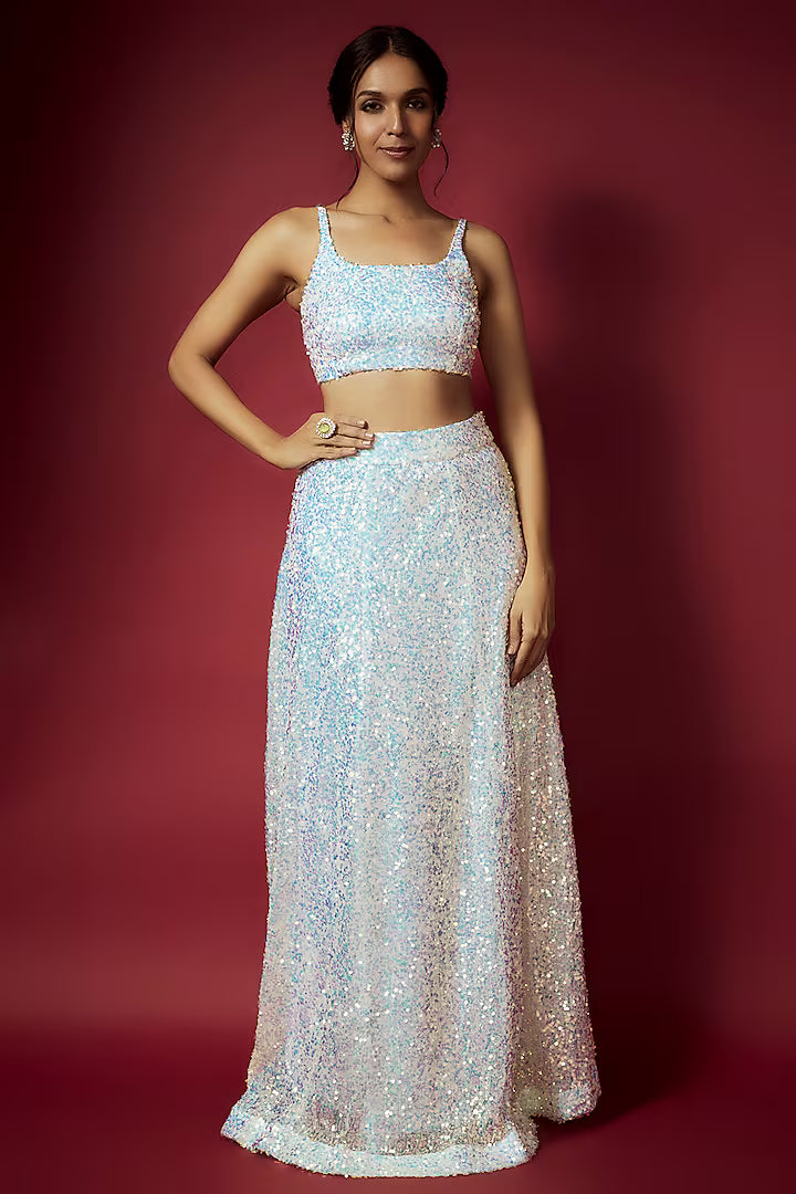 White Recycled Polyester Sequins Lehenga Set