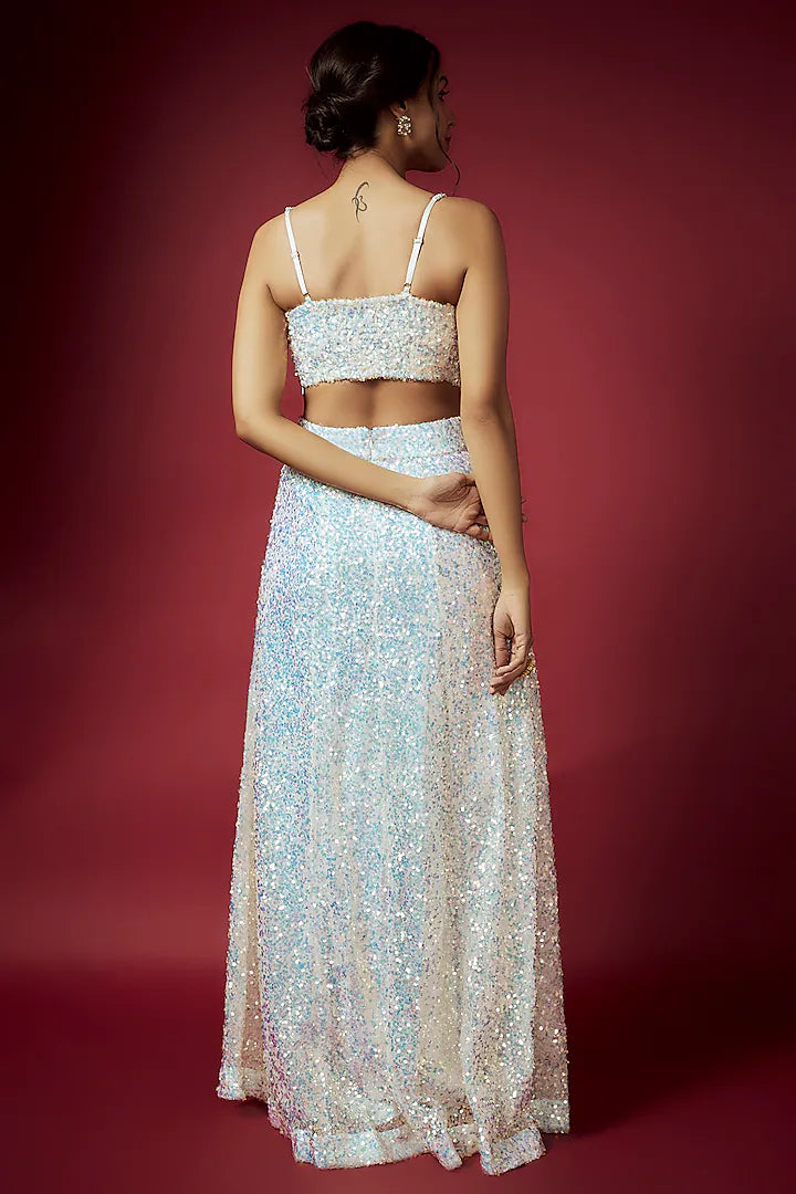 White Recycled Polyester Sequins Lehenga Set