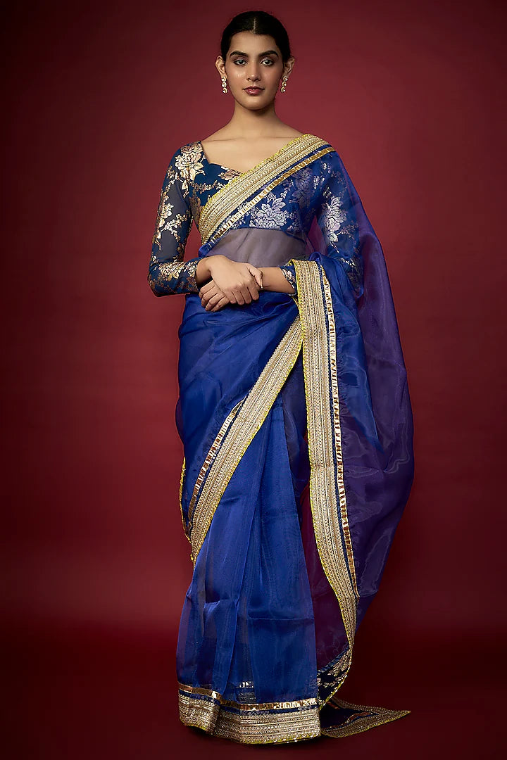 Navy Blue Organza Gota Saree Set
