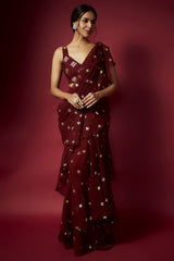 Maroon Recycled Polyester Pre-Draped Sequins Saree Set