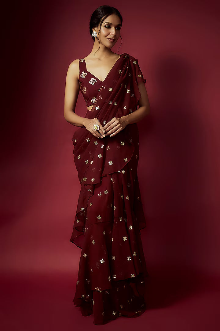 Maroon Recycled Polyester Pre-Draped Sequins Saree Set