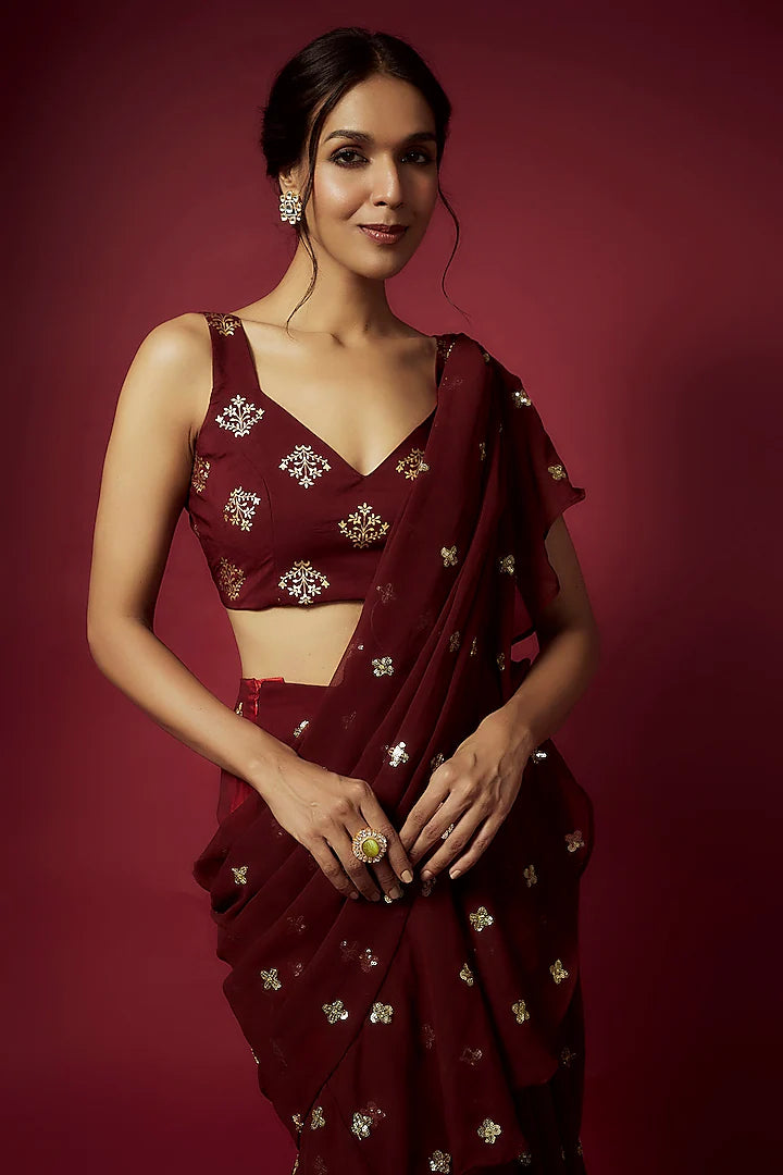 Maroon Recycled Polyester Pre-Draped Sequins Saree Set
