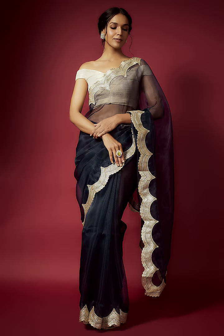 Navy Blue Organza Scalloped Saree Set