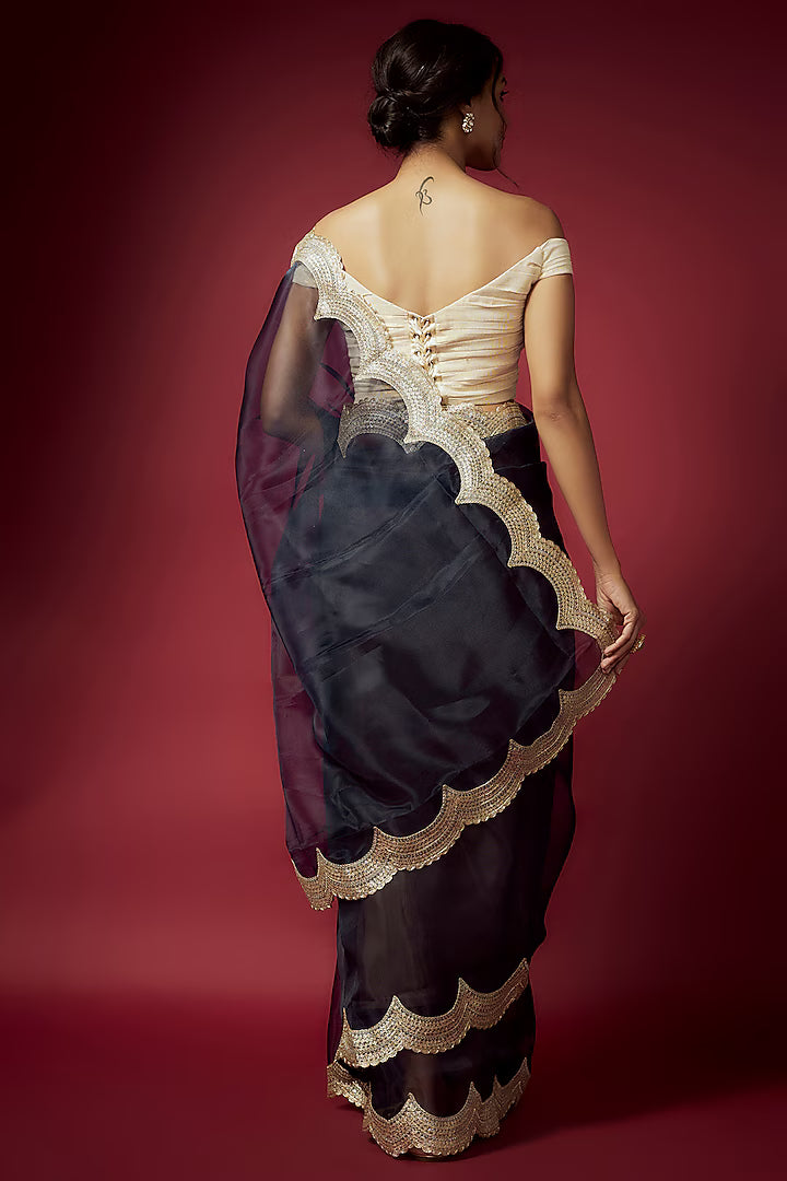 Navy Blue Organza Scalloped Saree Set