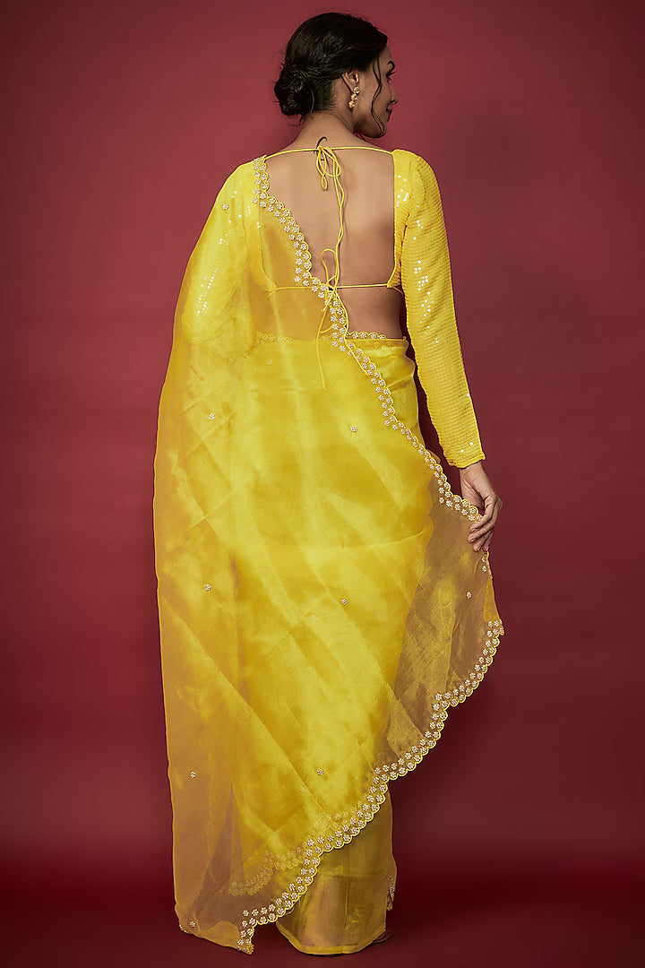 Lemon Yellow Recycled Satin Zardosi Embroidered Saree Set