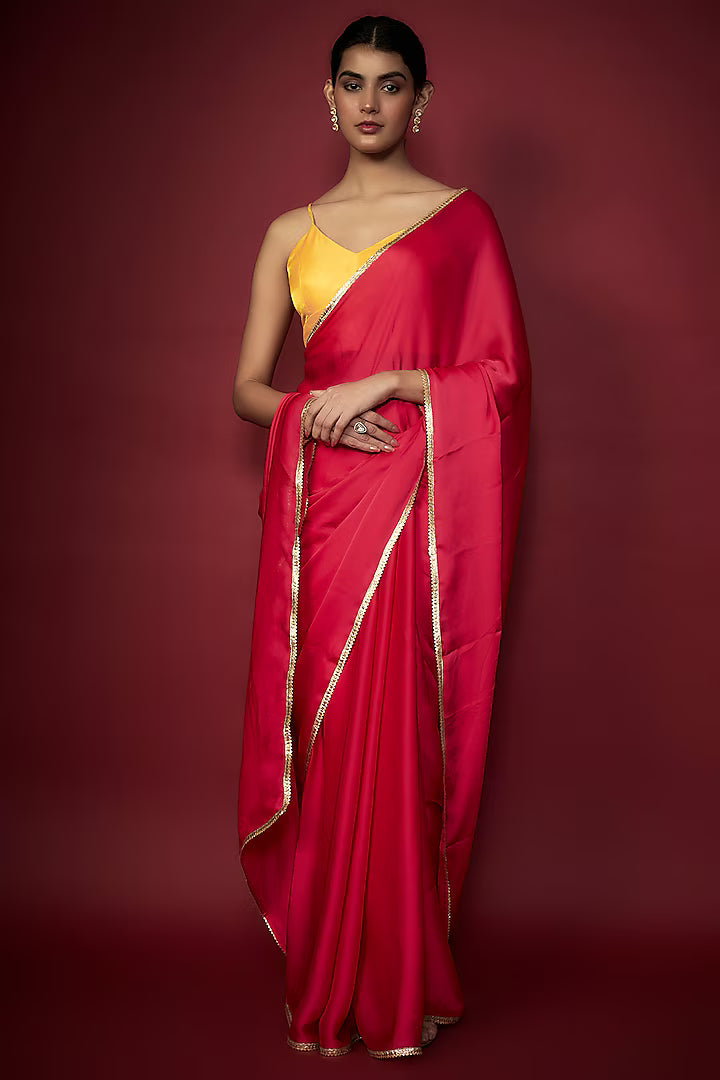 Pink Satin Georgette Saree Set