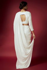 White Recycled Polyester Sequins Pre-Draped Saree Set