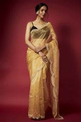 Golden Organza Zardosi Work Scalloped Saree Set